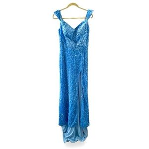 Miss Veil Pastel Blue Sequin Formal Maxi Dress Size Medium Sweetheart Leg Slit
